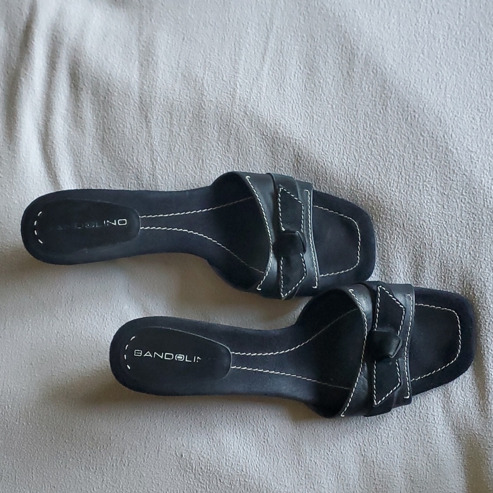 Bandolino wedge slipper. Black suede and leather with beautiful white stiching.